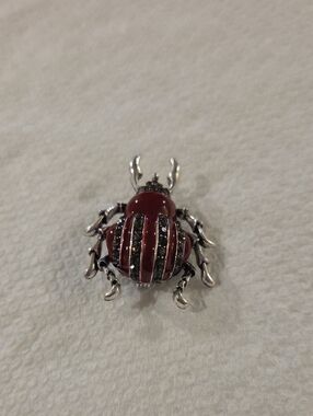 Red Enamel & Rhinestone Beetle Brooch
